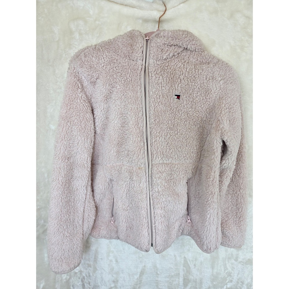 Tommy Hilfiger Womens Sherpa Faux Fur Full Zip Hoodie Pink Jacket Small